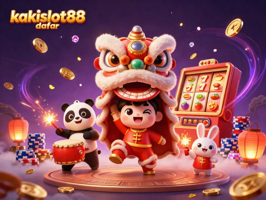 Gambarlah kakislot88 daftar yang menampilkan festival lion dance dengan simbol keberuntungan dari permainan slot.
