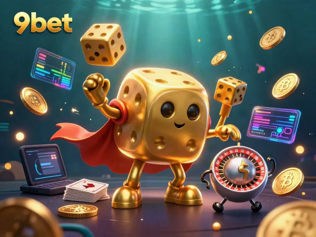 Engage with 9bet in an exciting, vibrant world of gambling featuring golden dice and crypto elements.