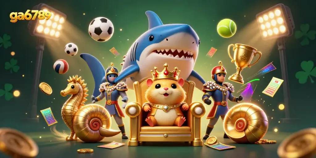 Engage with ga6789 sports betting through a dynamic 3D cartoon scene of a golden hamster king and royal companions.