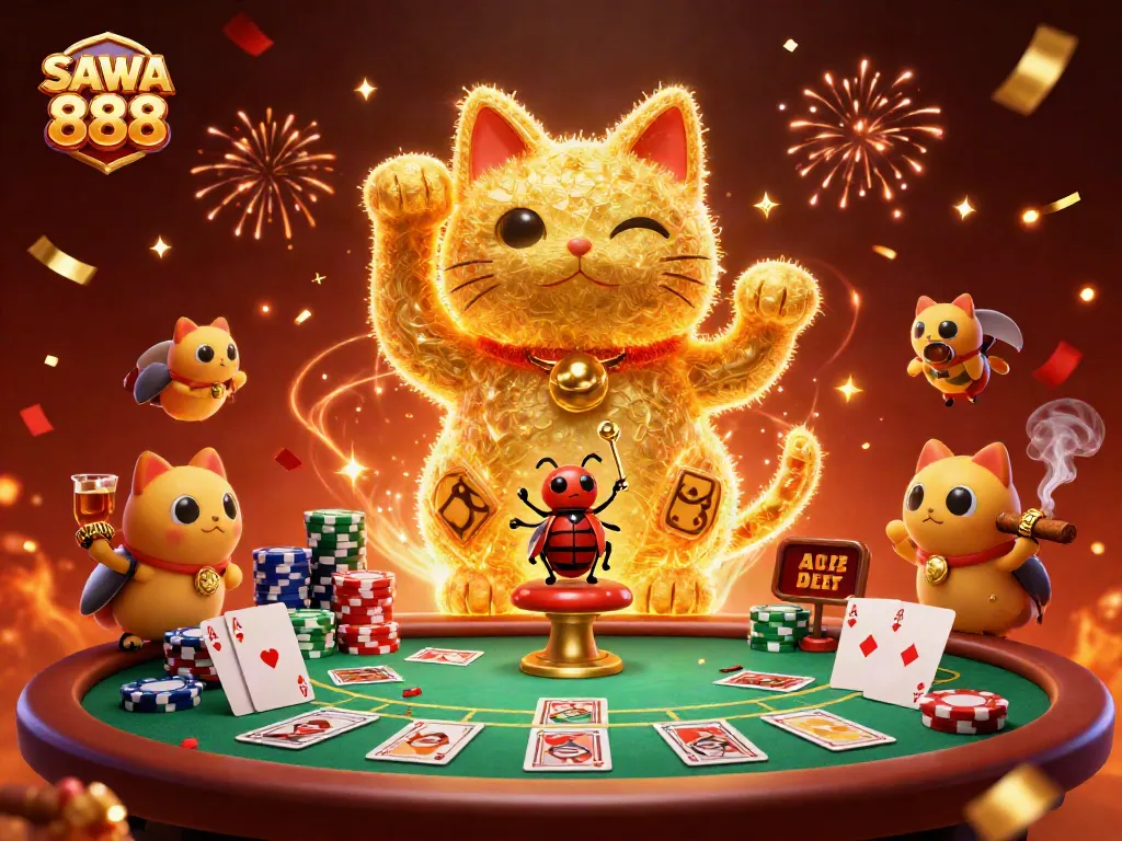 Engage with SAWA 888 through vibrant casino-themed digital illustration showcasing a lucky cat and characters.