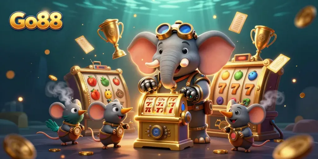 Experience excitement with Go88's immersive slot machine adventure featuring a steampunk elephant engineer.