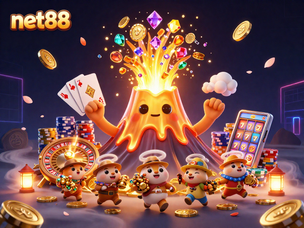net88 showcases a dazzling illustration of a golden volcano erupting with treasures, capturing the essence of vibrant online gaming excitement.