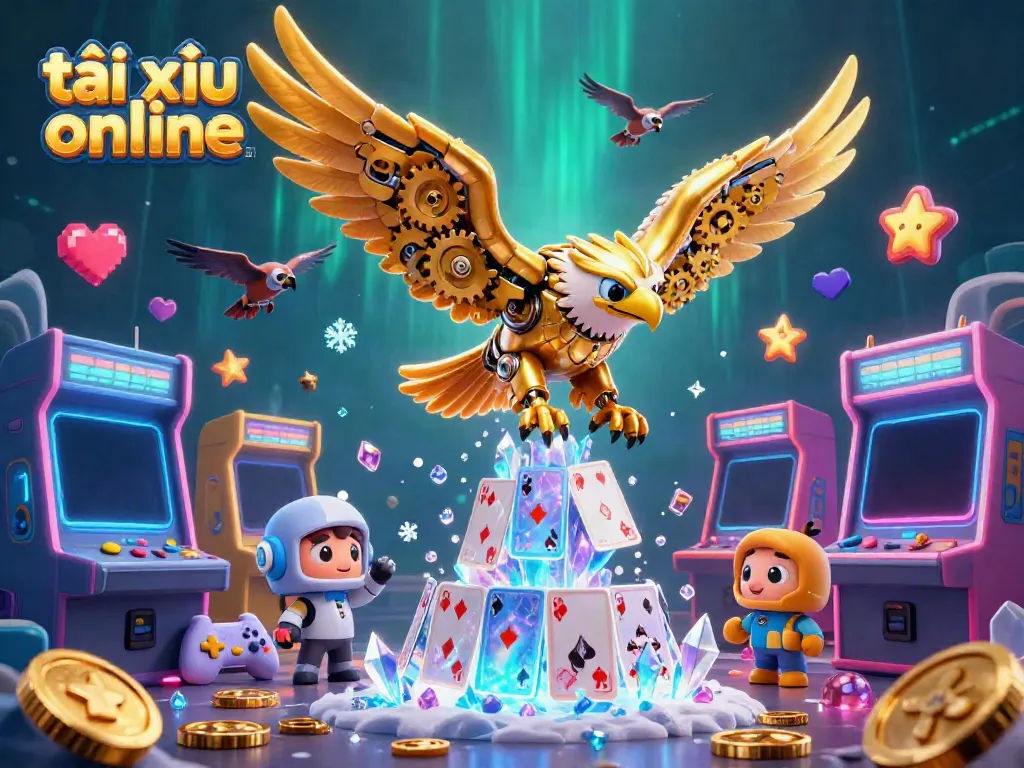 Engage in tài xỉu online with a vibrant 3D digital scene featuring a golden eagle and playful game elements.