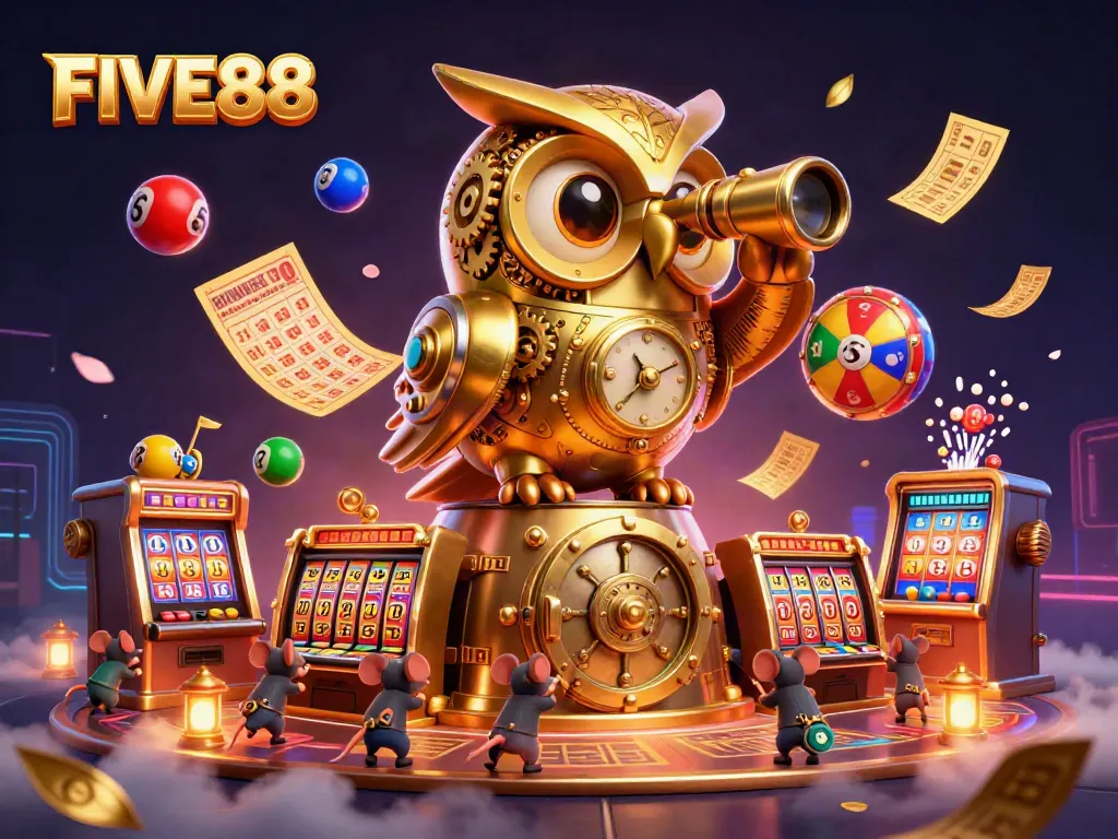 Watch the FIVE88 casino chaos featuring a golden owl, whimsical mice, and dynamic lottery elements!