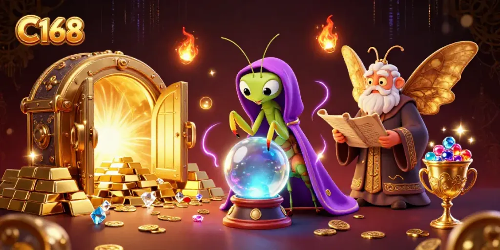 Engage in C168 gaming strategies with a vibrant, mystical casino scene featuring treasure and characters.