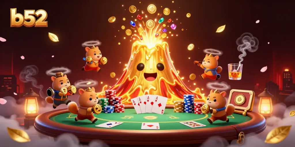 Experience the b52 volcano erupting coins in a vibrant casino scene filled with dynamic poker elements.