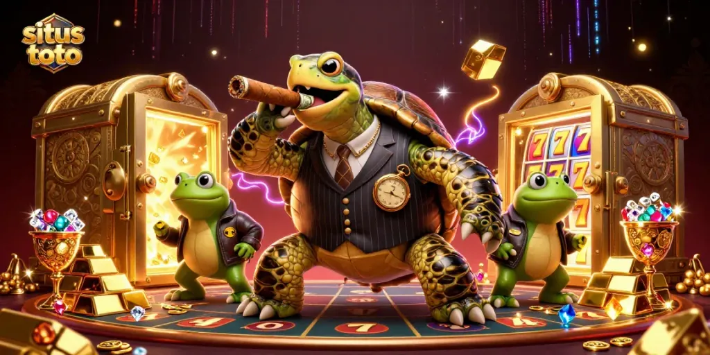 Experience situs toto slot excitement with a cartoon turtle mobster and bullfrog enforcers in a glamorous casino.