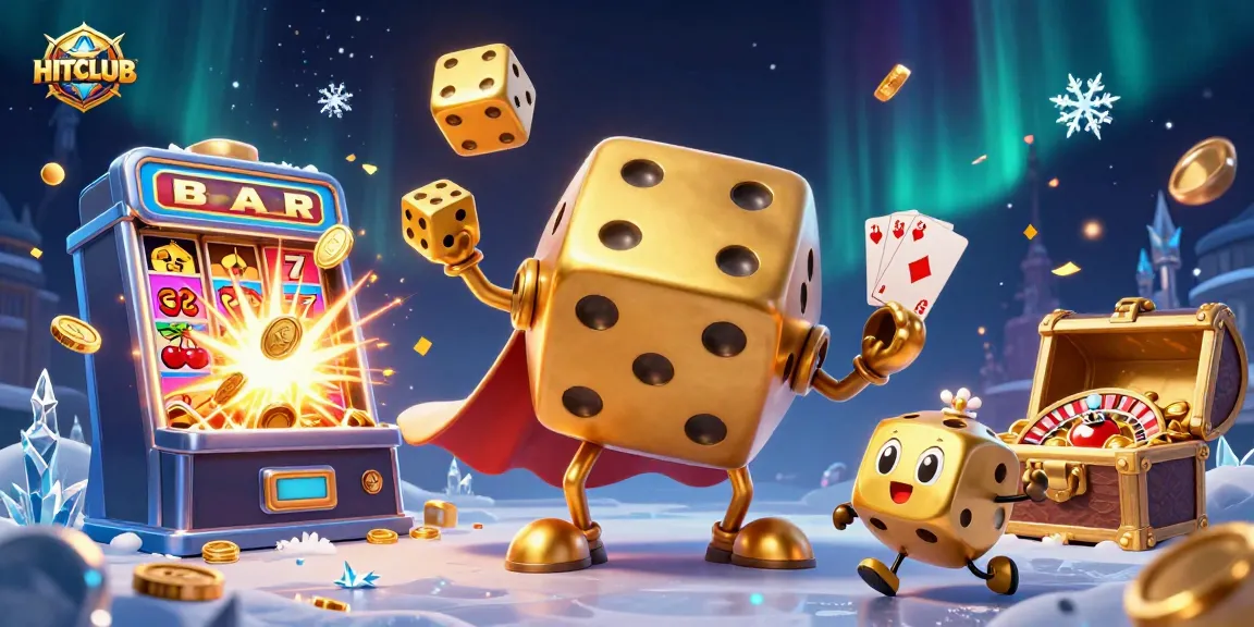HITCLUB showcases a vibrant gambling scene with golden dice and iconic slots.