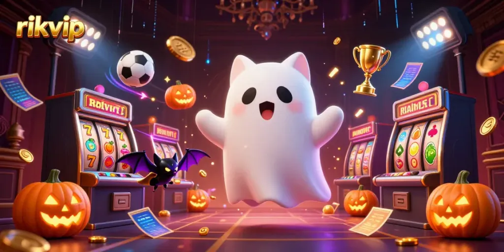 Play exciting games at rikvip with a friendly ghost cat and bat in a haunted casino
