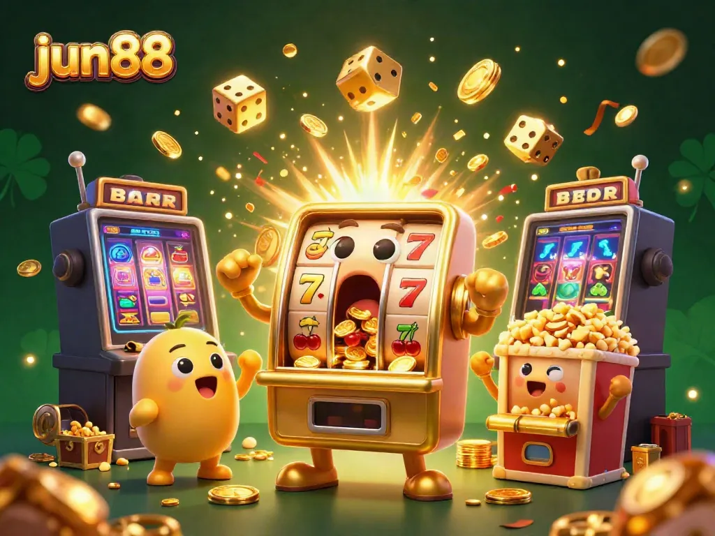Experience the excitement as the jun88 slot machine hits a jackpot, surrounded by cheering machines and dynamic casino elements.