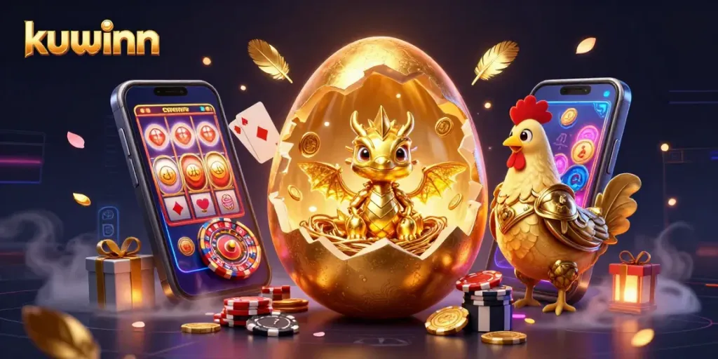 Play slots and win big with Kuwinn's gaming experience featuring a golden baby dragon and luxurious casino elements.
