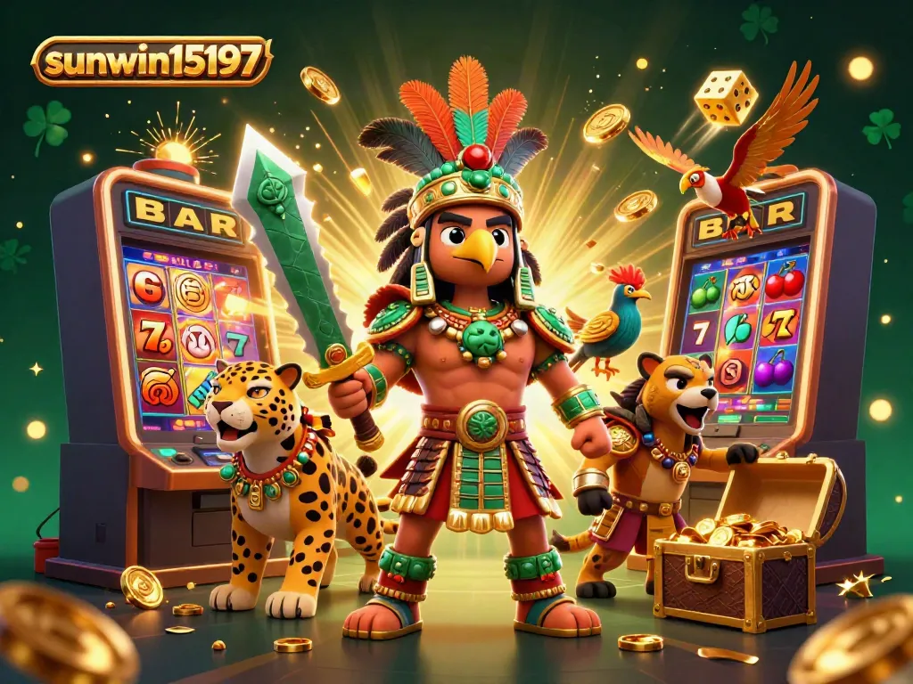 Experience thrilling slots and jackpots at sunwin15197 with an Aztec warrior and treasure.
