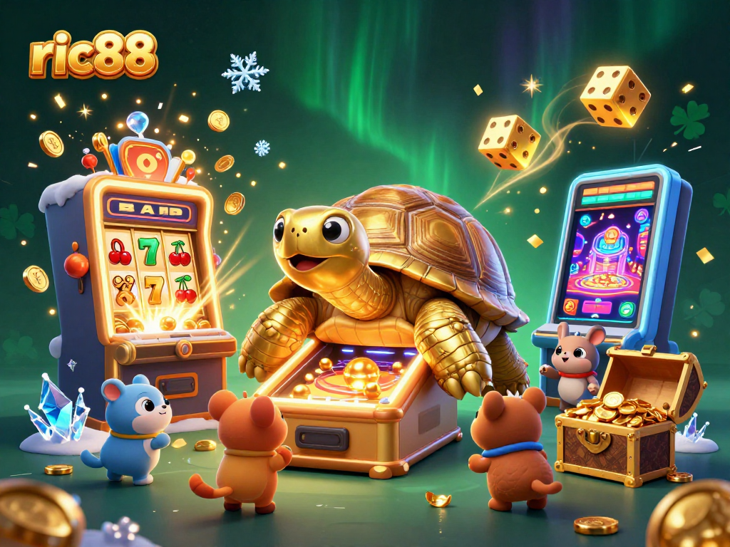 Experience excitement with ric88 as golden tortoise and slot machine burst with coins and fun!