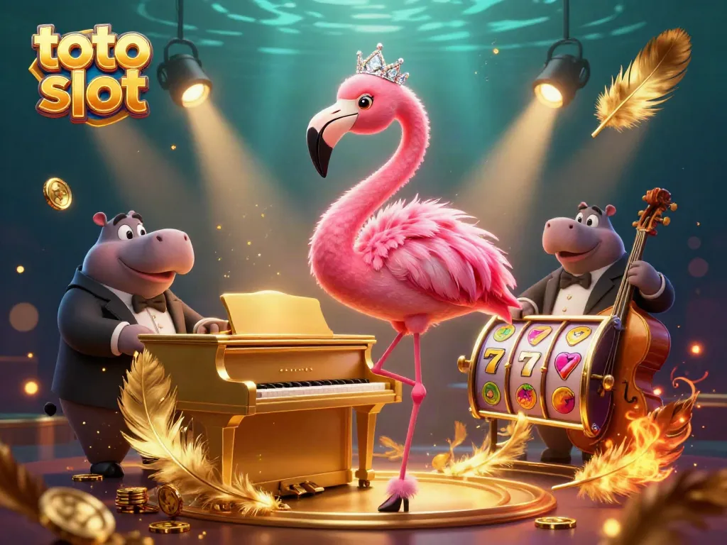 Toto slot game scene featuring a lively flamingo singer at a golden piano and a hippo bassist, surrounded by vibrant slot elements.