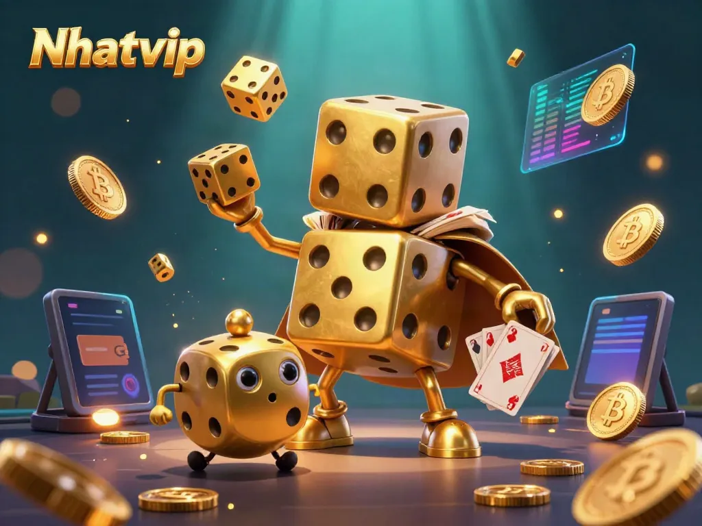 Nhatvip showcases an exciting 3D casino-themed illustration with golden dice and crypto elements.