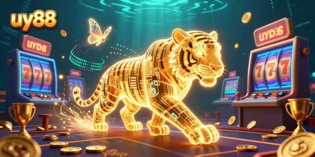 Experience uy88's thrilling atmosphere with a neon tiger in a bustling 3D casino scene.
