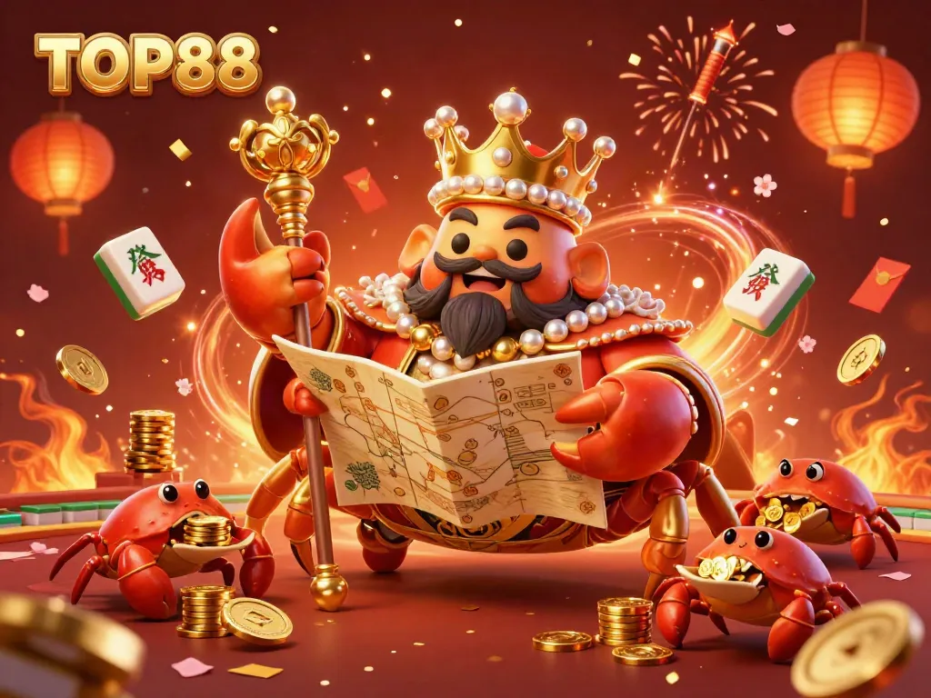 Celebrate big wins at TOP88 casino with a dynamic scene of a golden crab emperor and vibrant festive elements.