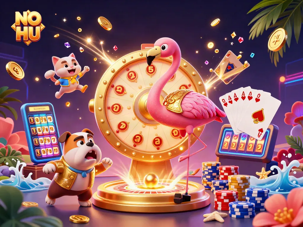 Spin the engaging NO HU jackpot slots with vibrant visuals, golden coins, and winning prizes.