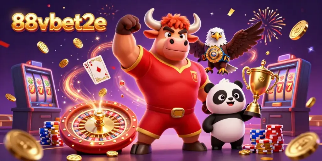 88vbet2e champions celebrate with a bull, eagle, and panda amidst vibrant casino elements.