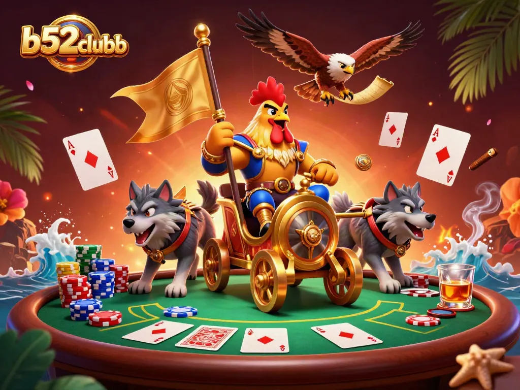Engage players with thrilling action at b52clubb poker tables, featuring vibrant characters and game elements.