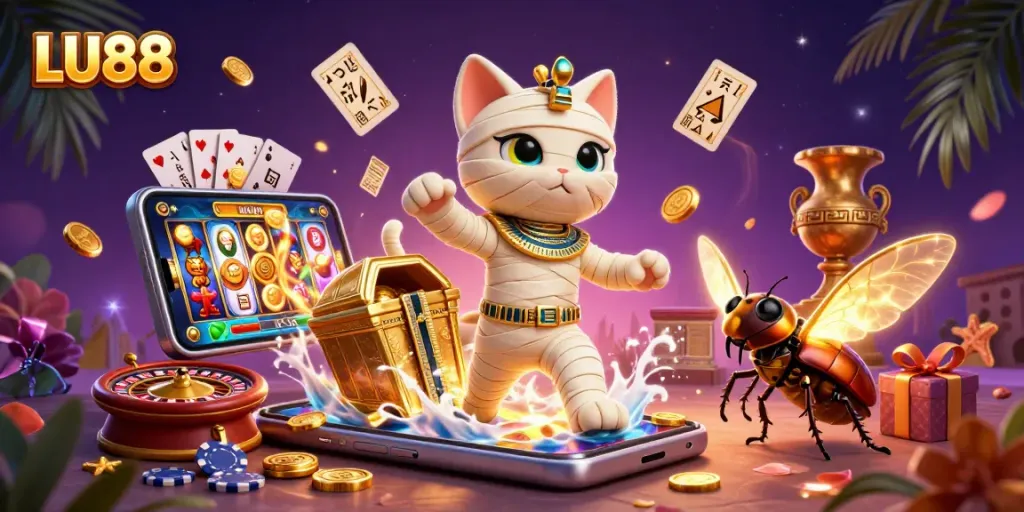 LU88 delivers thrilling slot games and engaging experiences showcased in vibrant 3D casino scene.