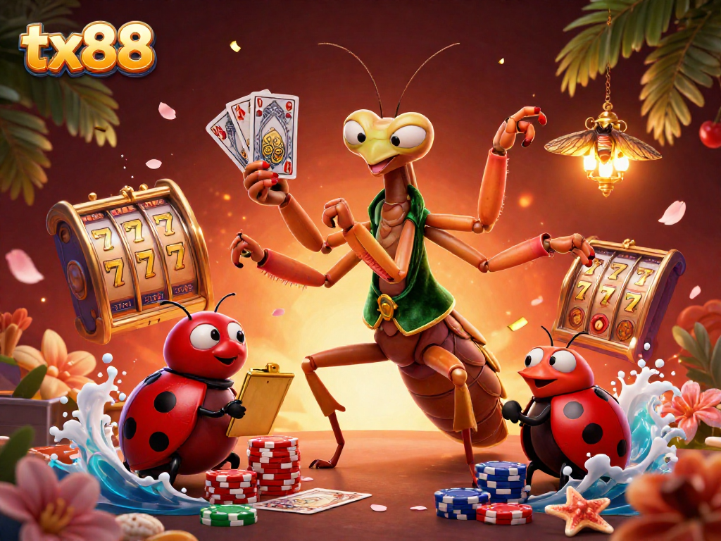 Experience thrilling gaming at tx88 with a giant praying mantis card sharp amidst dynamic slot reels.