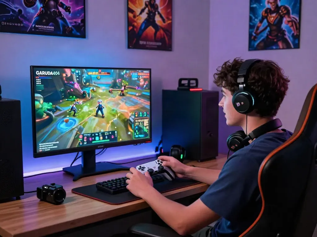 User enjoying GARUDA404 digital gaming platform in a vibrant setup