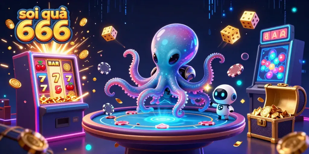 Experience thrilling excitement with soi cầu 666, showcasing a vibrant alien octopus and casino elements.