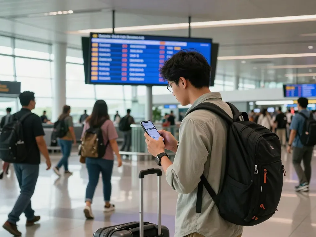 Traveler checking Garuda 404 flight status at busy airport.