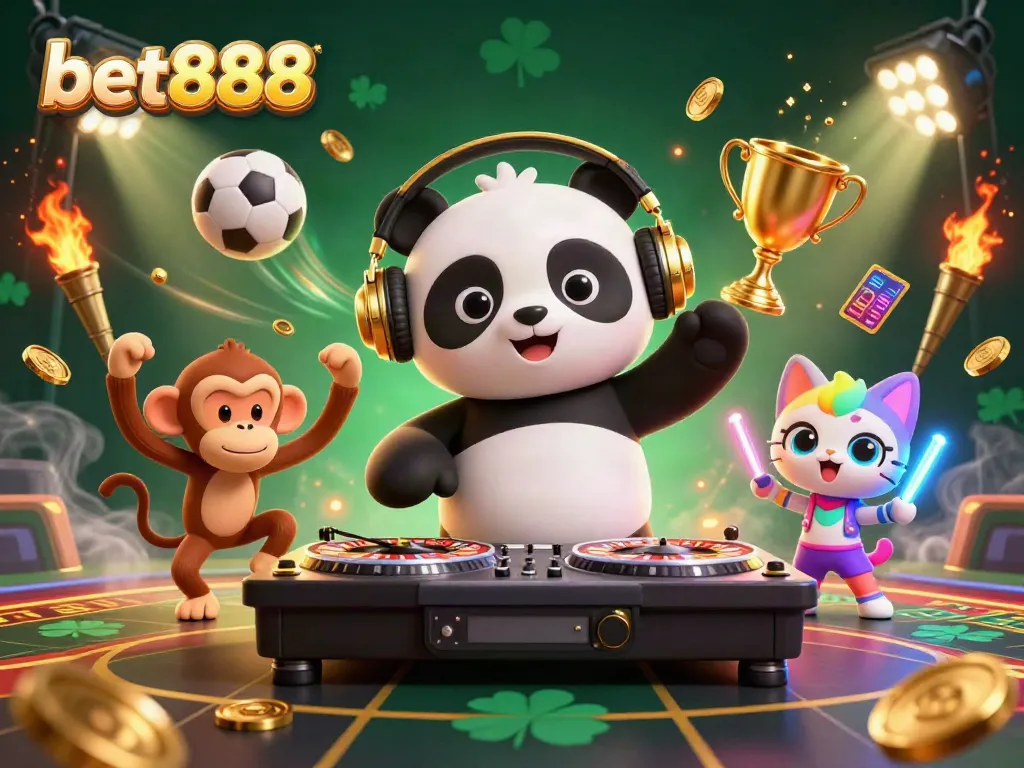 Experience the vibrant energy of bet888 through a lively illustration featuring a DJ panda, a breakdancing monkey, and a glowing kitten amidst sports and casino elements.