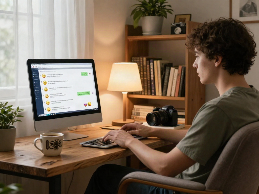Engaging in an nsfw chat from a cozy home office, warm atmosphere with coffee and personal touches.