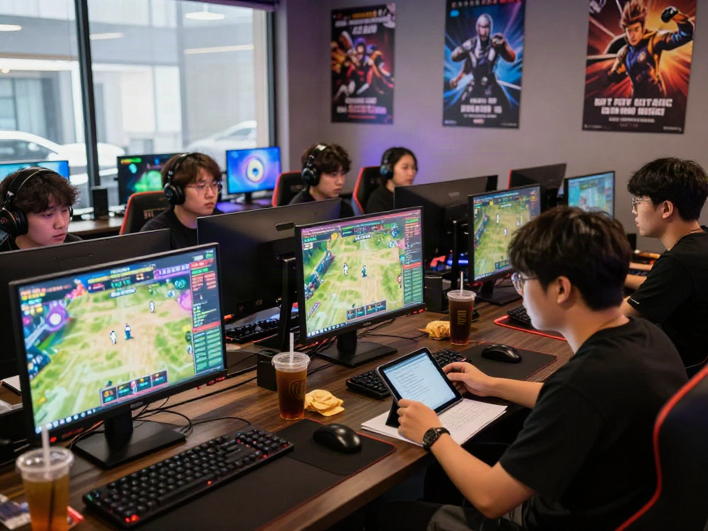 Engaging gaming café scene illustrating 먹튀검증 추천 먹튀스팟 with young adults focused on betting strategies.