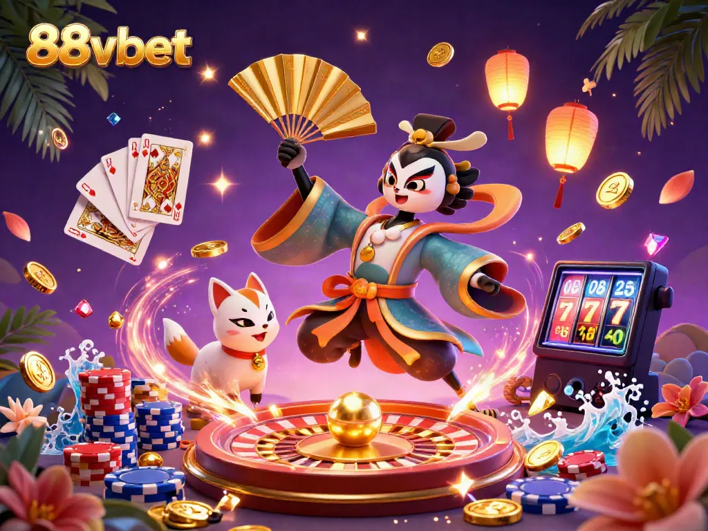 88vbet gaming illustration featuring a kabuki warrior and kitsune mask with dynamic casino elements.