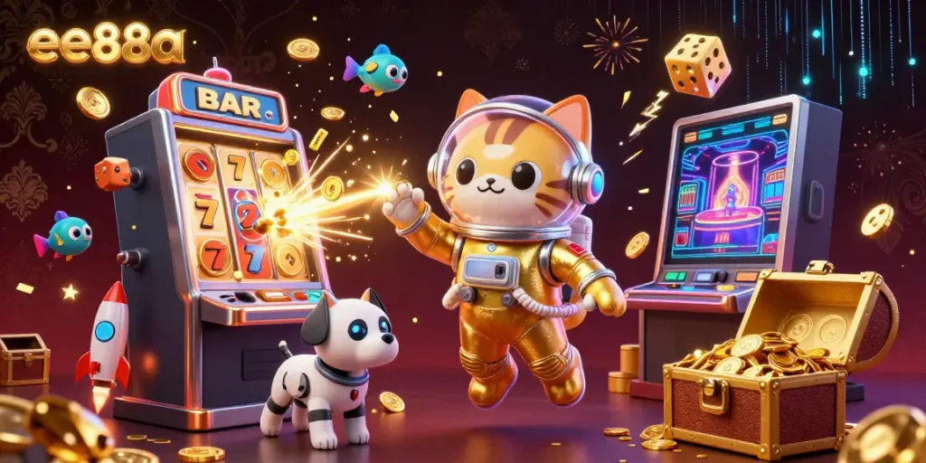 Engage in thrilling gameplay at ee88a with a dazzling 3D casino illustration featuring vibrant jackpots and space adventure elements.