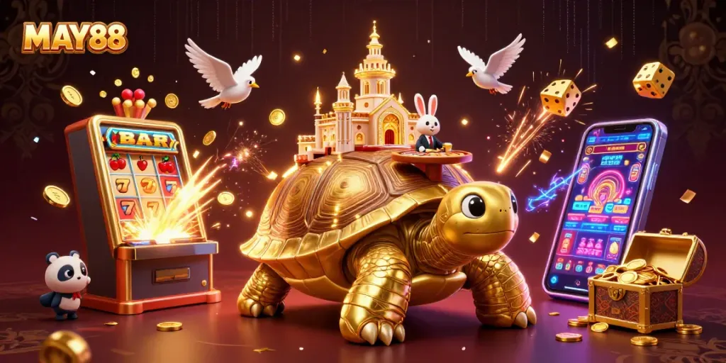 MAY88 casino excitement illustrated with a giant tortoise and lively dealer amidst vibrant games and golden coins.