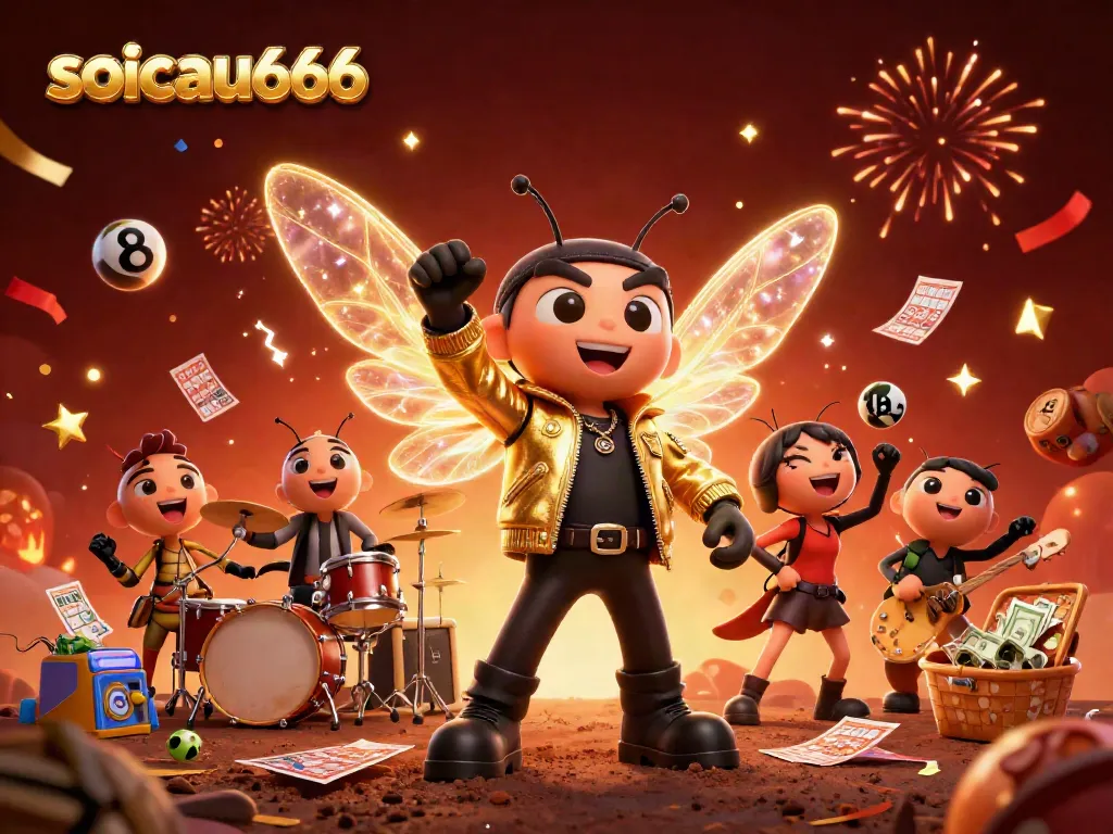 Engage with soicau666's lively lottery celebration featuring cartoon characters amidst golden confetti.