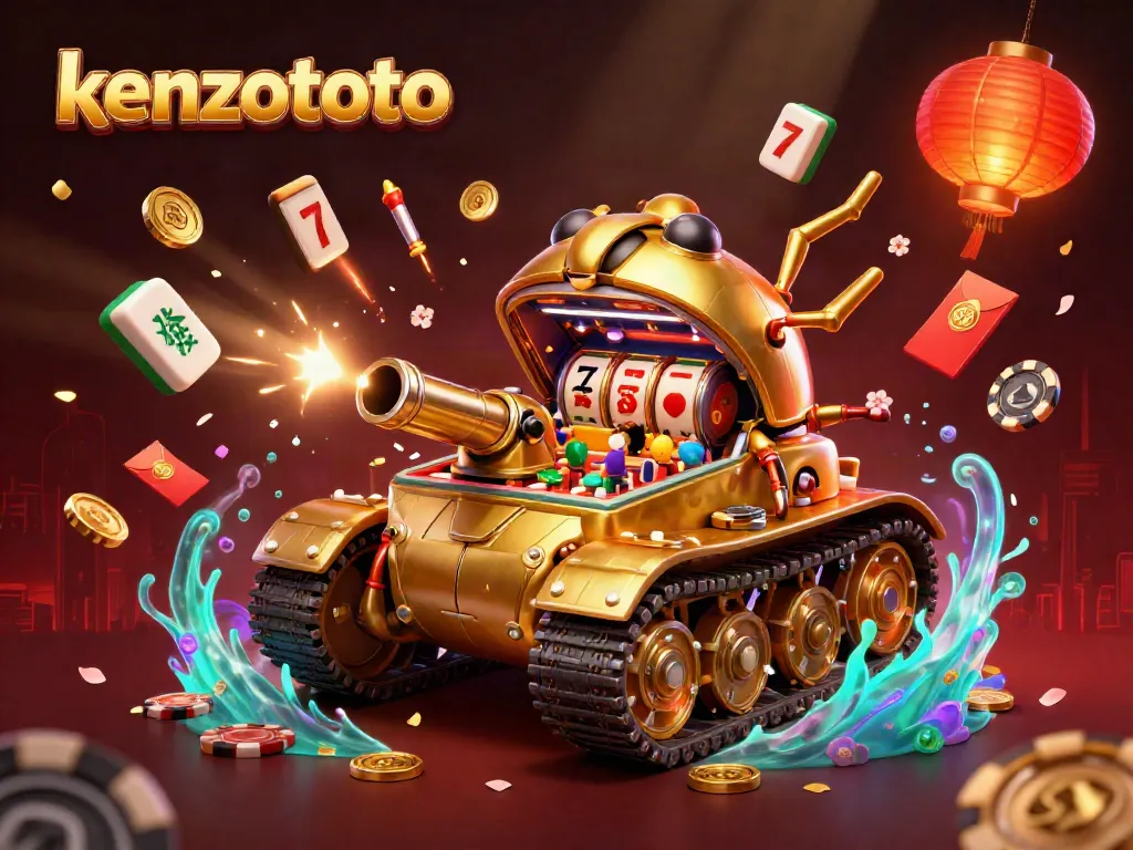 Experience exciting gameplay at kenzototo with a vibrant illustration of a golden beetle tank revealing a mini casino.