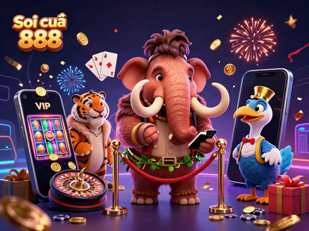 Soi cầu 888 showcases a vibrant casino scene with lively characters and gaming elements, perfect for engaging gamblers.