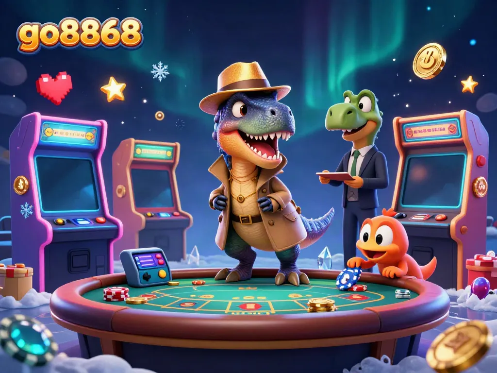 Experience thrilling moments at go8868's blackjack table with a velociraptor and stegosaurus in a vibrant casino.