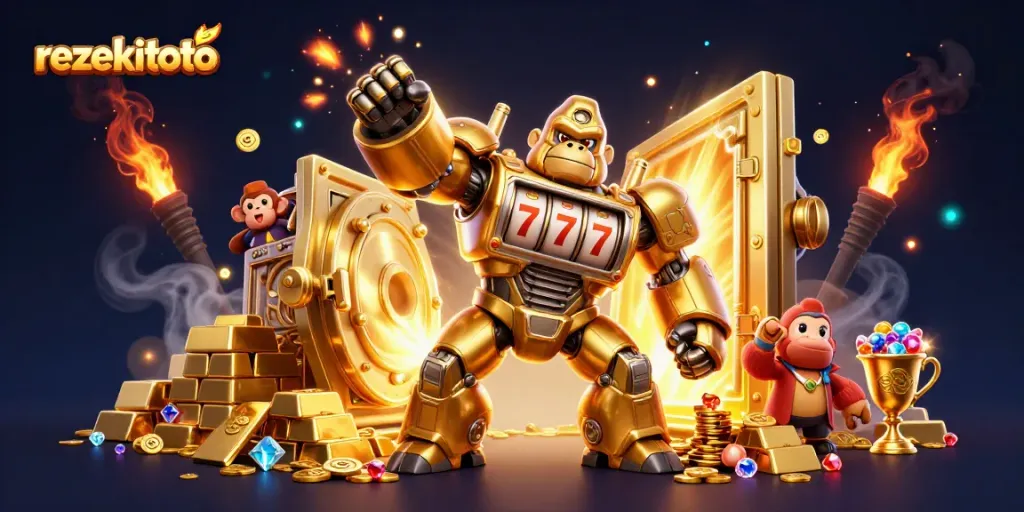 Engage with the thrilling rezekitoto experience through dynamic 3D casino action featuring a golden gorilla mech.