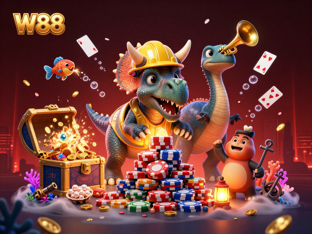 Experience W88 gaming excitement with a triceratops building poker chips and celebrating!