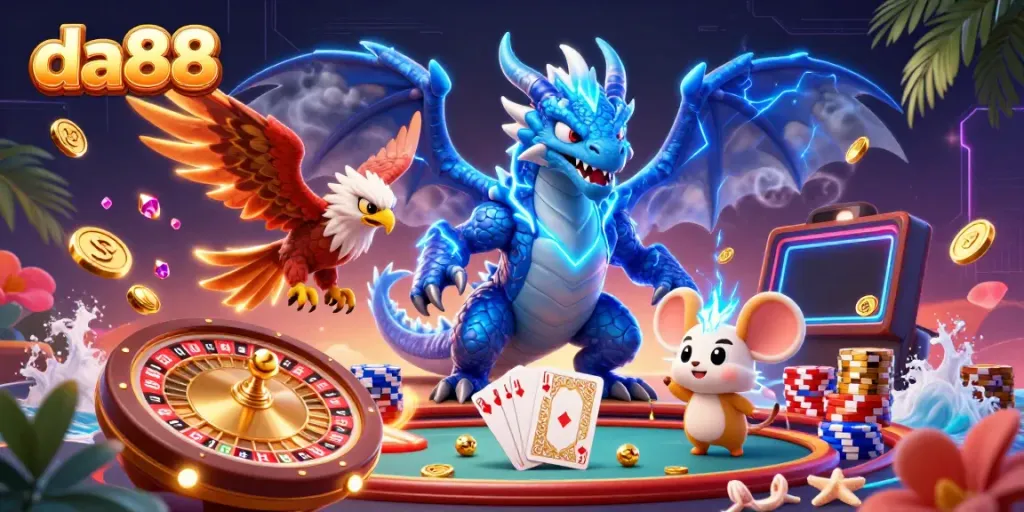 Experience thrilling gambling with da88 featuring a thunder dragon and a wind hawk amidst dazzling casino elements.