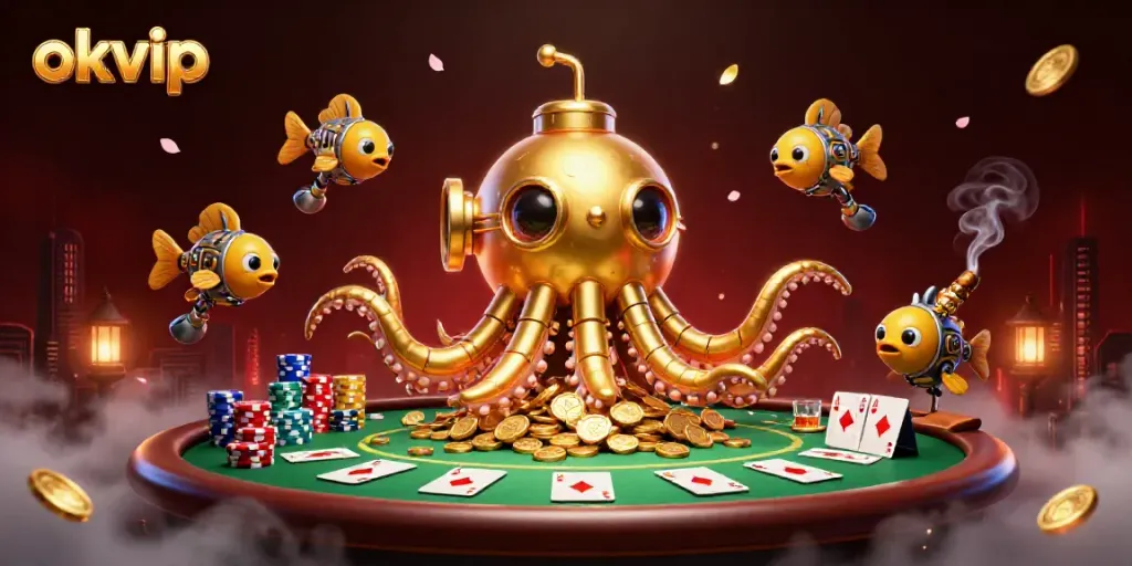 Engage in high-stakes gaming with okvip, featuring a golden kraken submarine, poker elements, and coins.