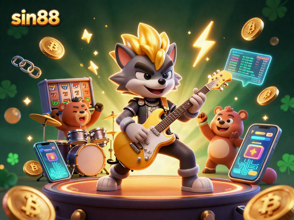 Experience sin88 adventures with a rock star wolf on stage surrounded by vibrant casino action.
