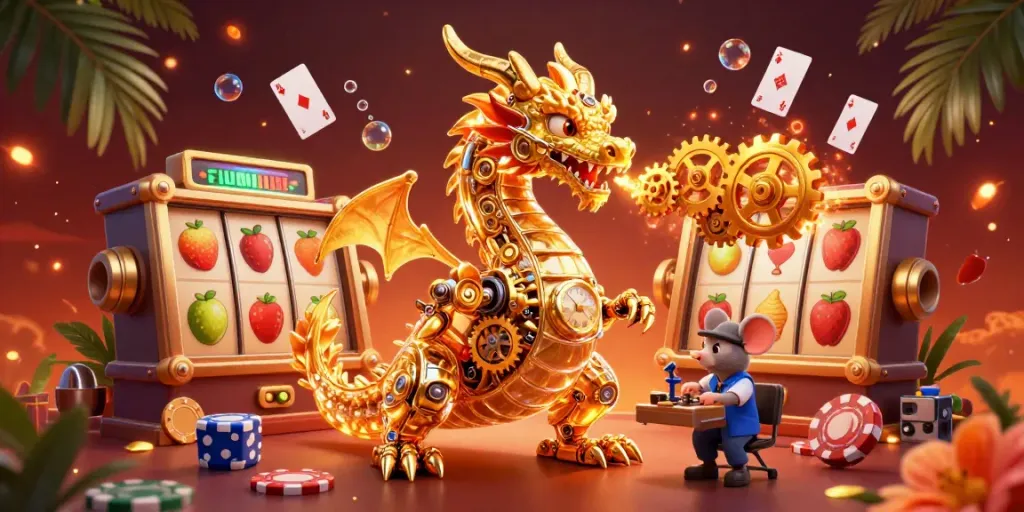 Engage with the stunning lc88 casino scene showcasing a golden dragon and vibrant slot elements.