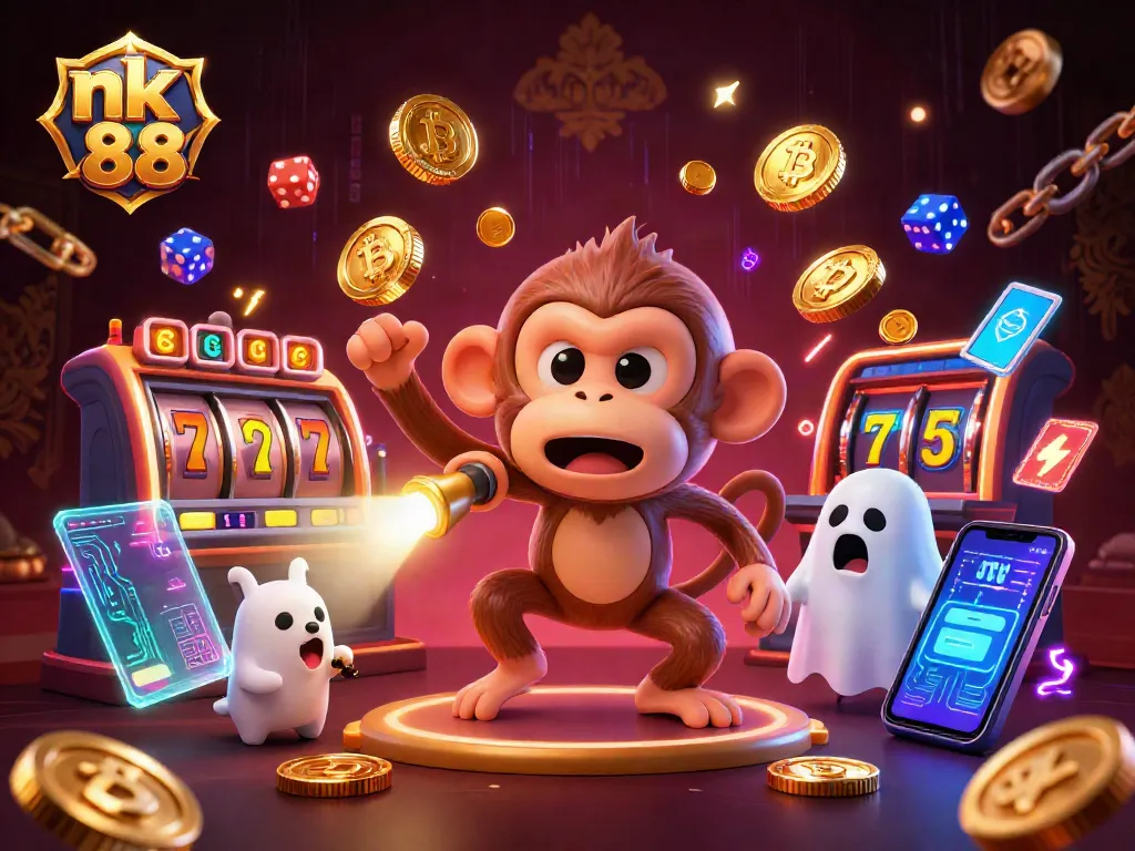 Engage in thrilling gaming experiences with nk 88, featuring captivating slot reels and playful characters.