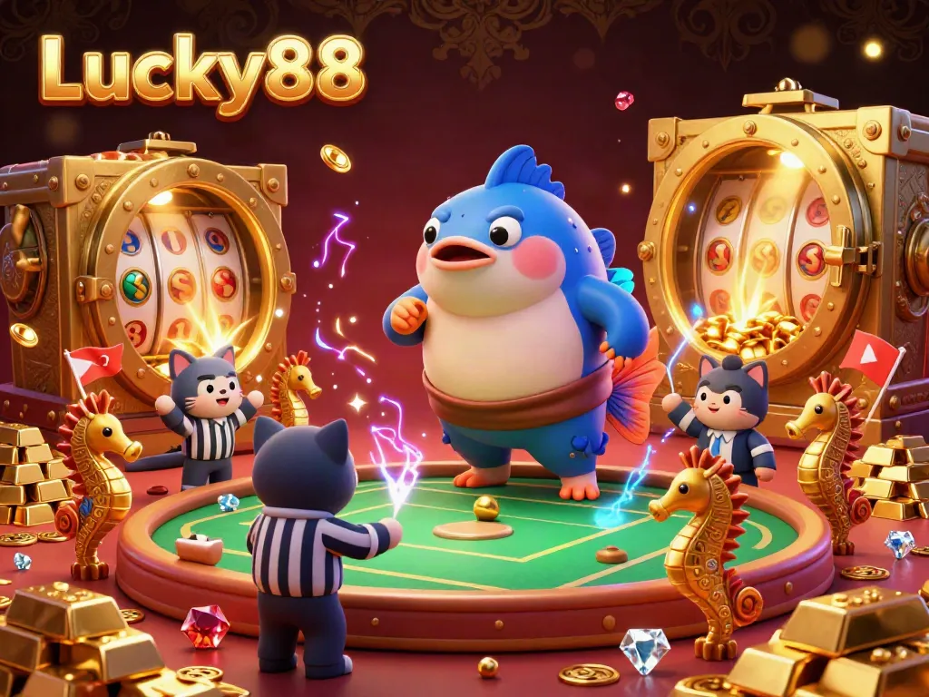 Engage in thrilling casino fun with Lucky88 as fugu, catfish referee, and seahorse fans unite around golden treasures.