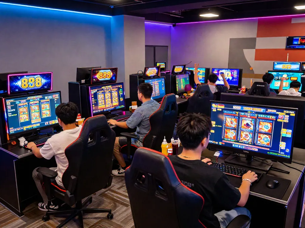 Exciting slot88 gaming lounge with players and vibrant screens.