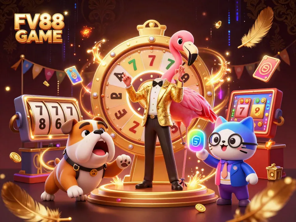 Experience the excitement of FV88 GAME with a dynamic casino scene featuring vibrant characters and thrilling elements.