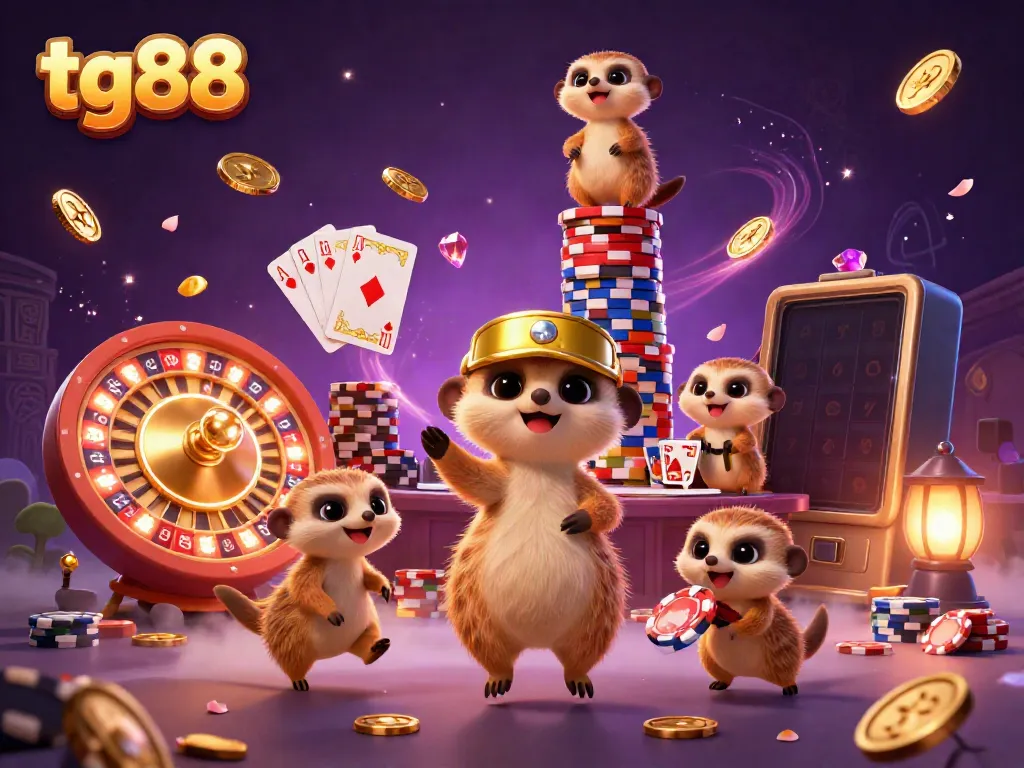 Experience thrilling casino action with tg88 as playful meerkats run operations, surrounded by vivid gaming elements.